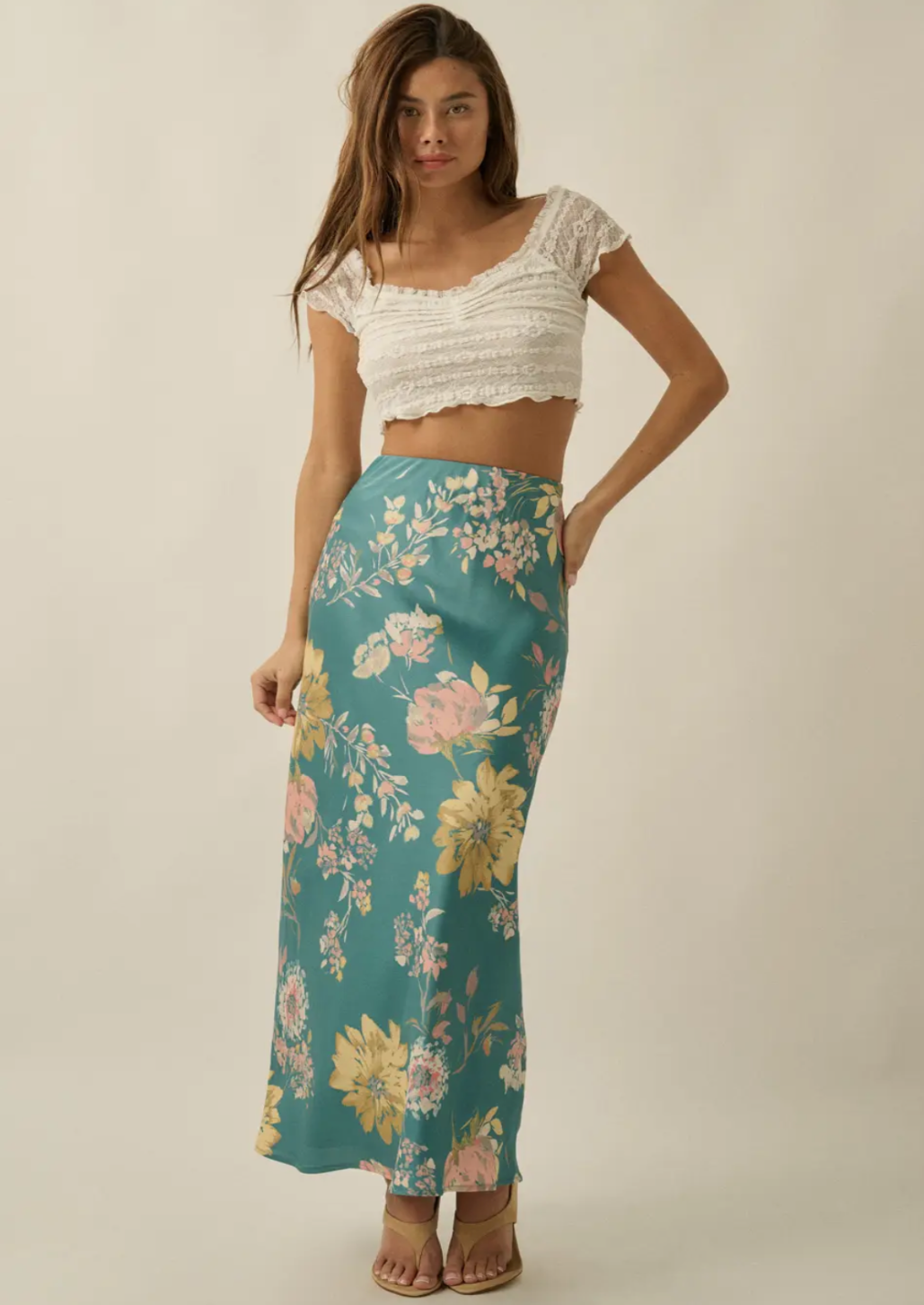 Textured Floral Print Bias Cut Maxi Skirt