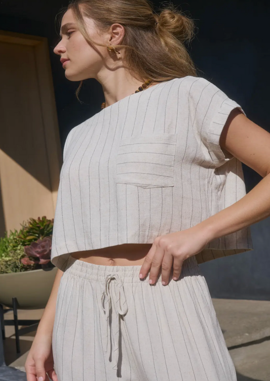 Pinstripe Short Cuff Sleeve Back Button Top