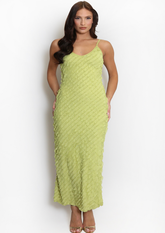 Chiffon Green Frill Strappy Midi Dress