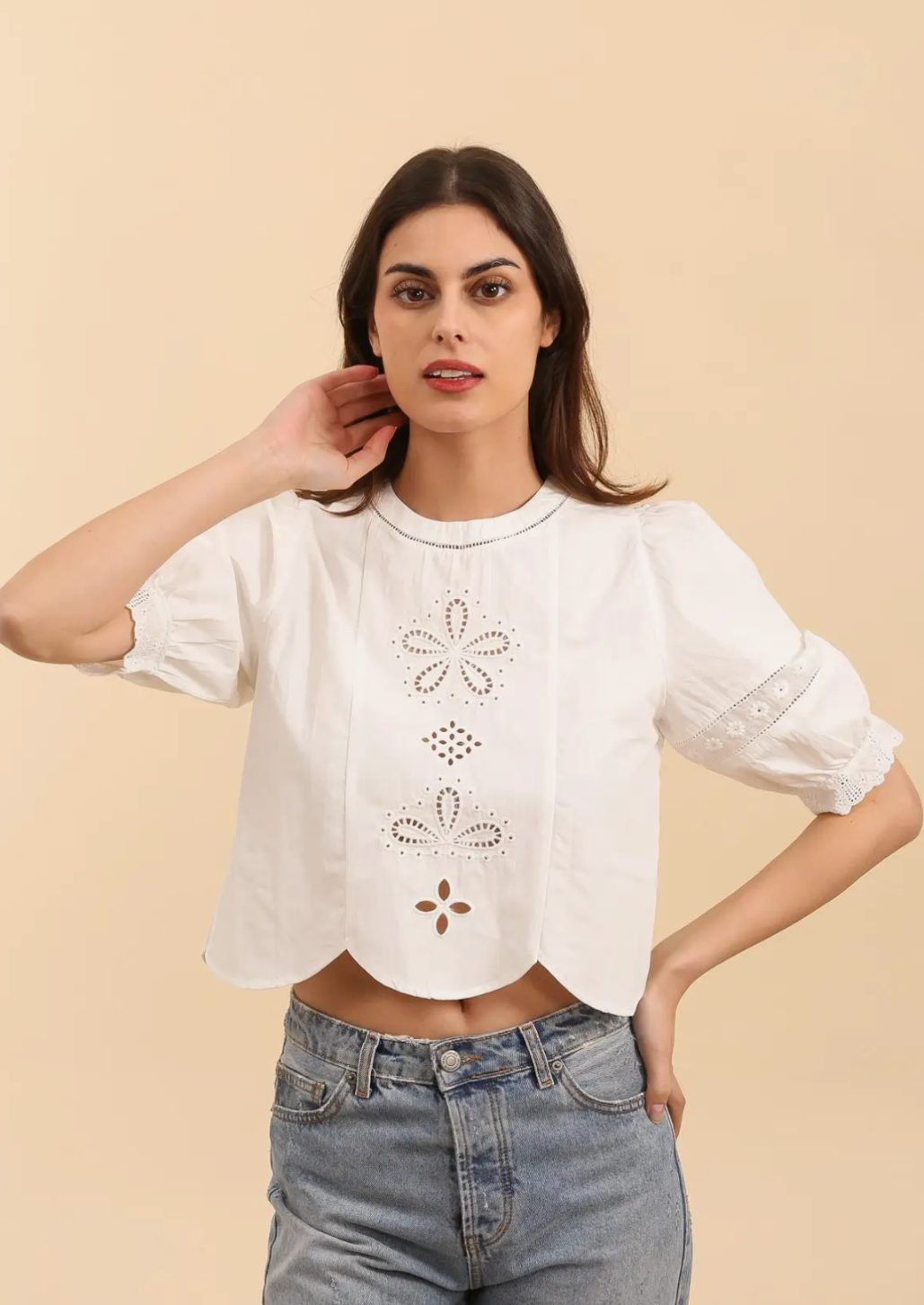 White Embroidery Cut Out Blouse