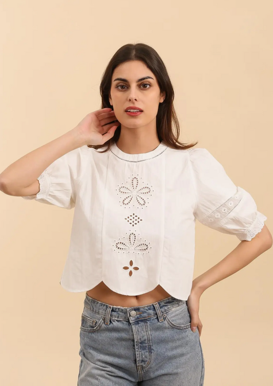 White Embroidery Cut Out Cotton Blouse