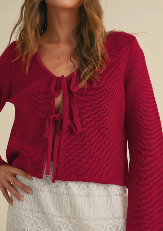 Red Long Sleeve Knitted Tie Front Cardigan