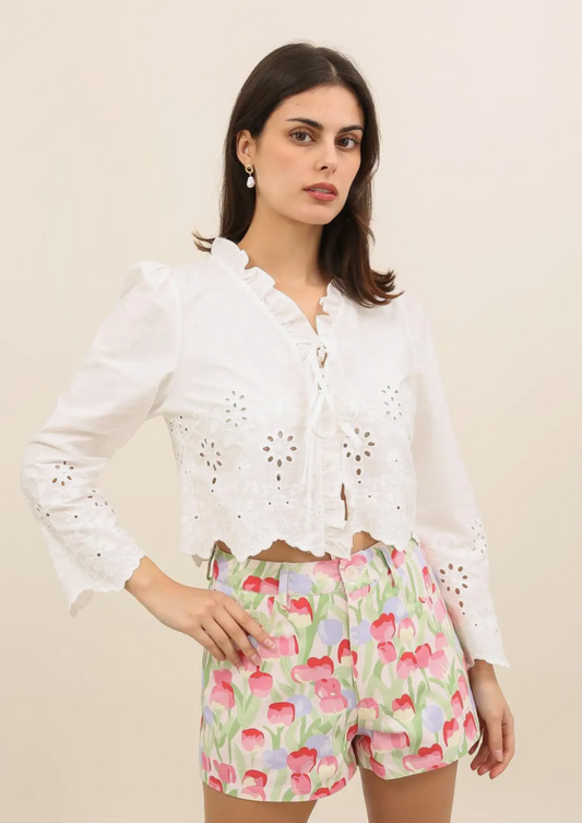Short Eyelet Blouse With Ruffles
