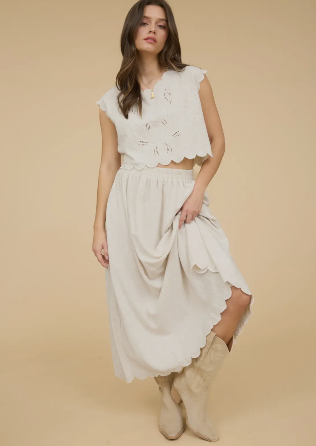 High Waisted Scallop Hem Midi Skirt