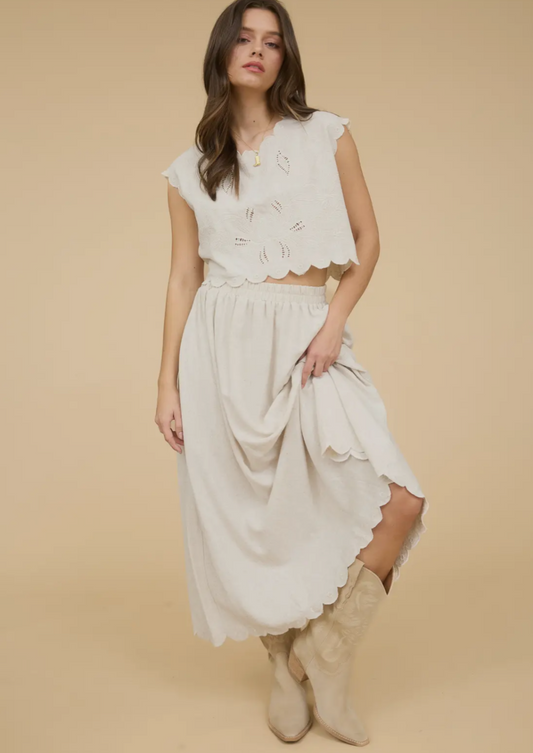 High Waisted Scallop Hem Midi Skirt