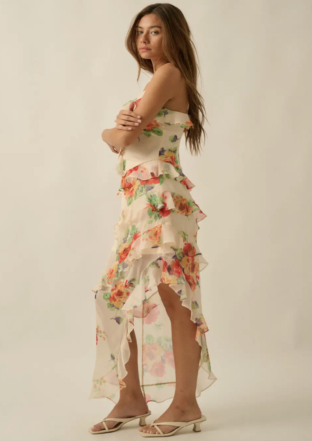 Floral Asymmetrical Ruffle Maxi Dress