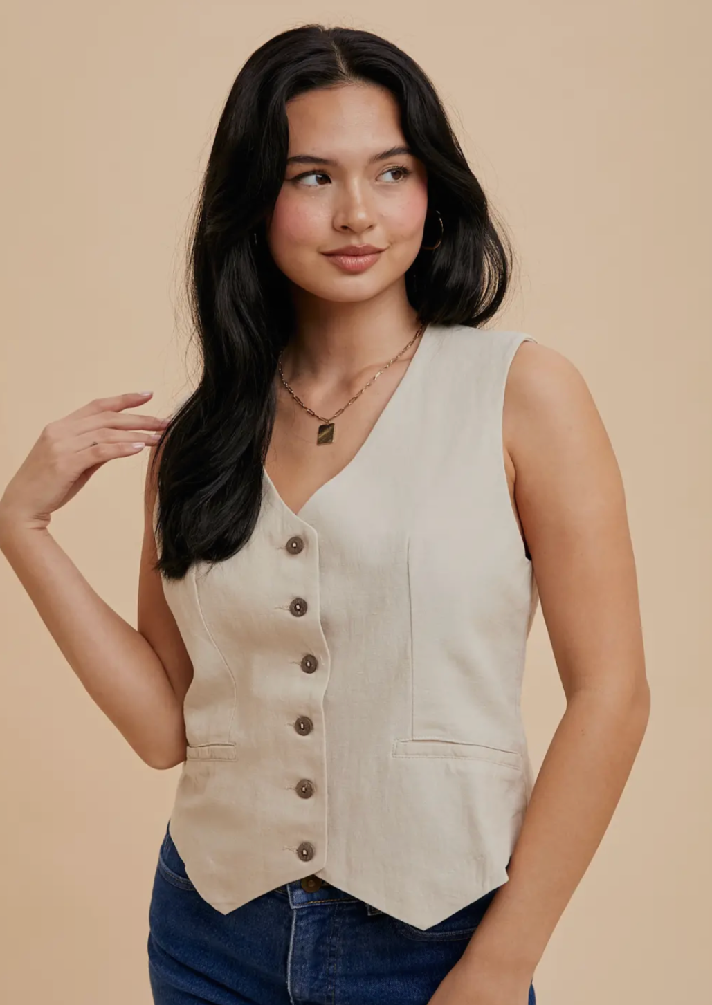Cotton Linen Blend Button Vest
