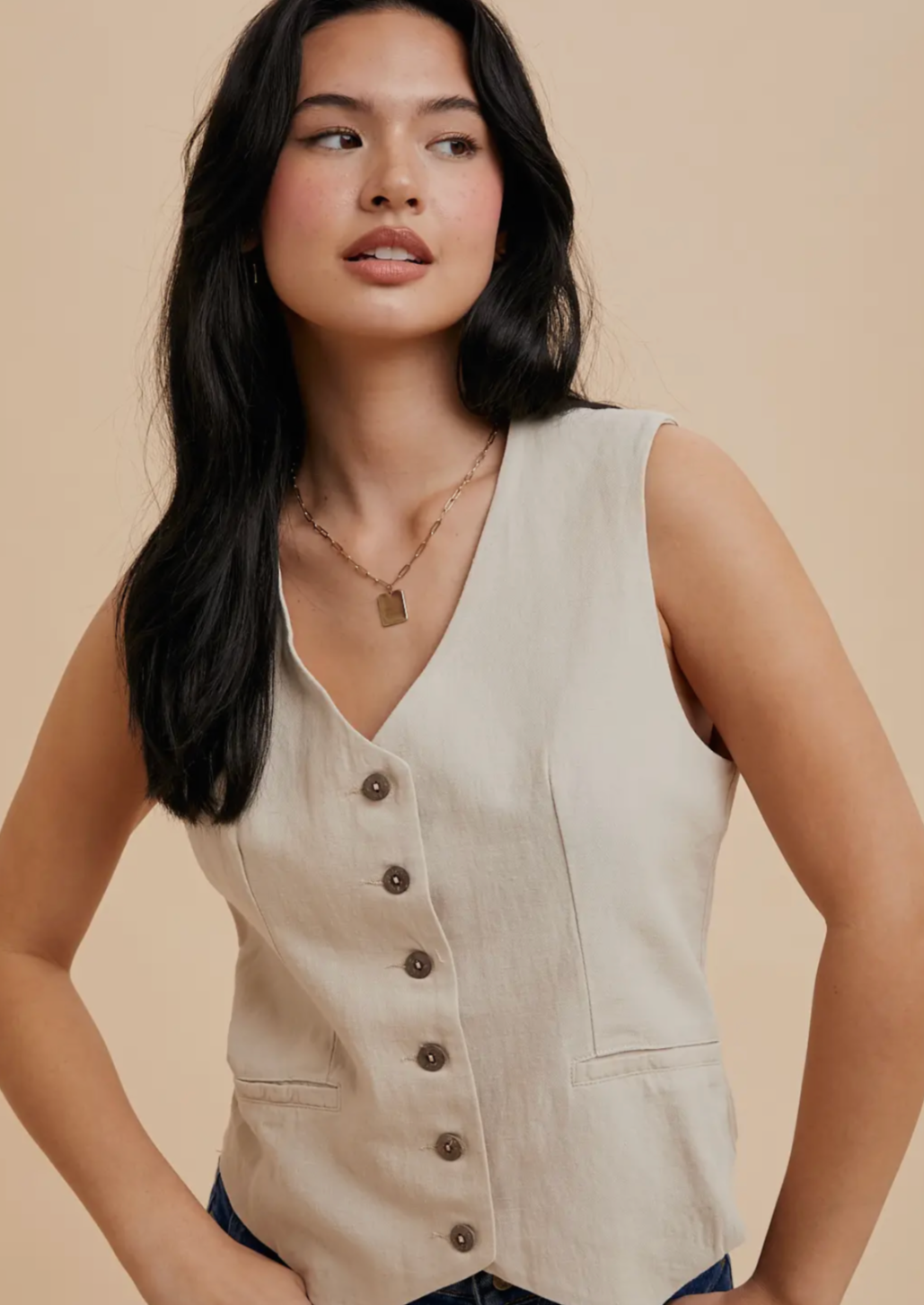 Cotton Linen Blend Button Vest