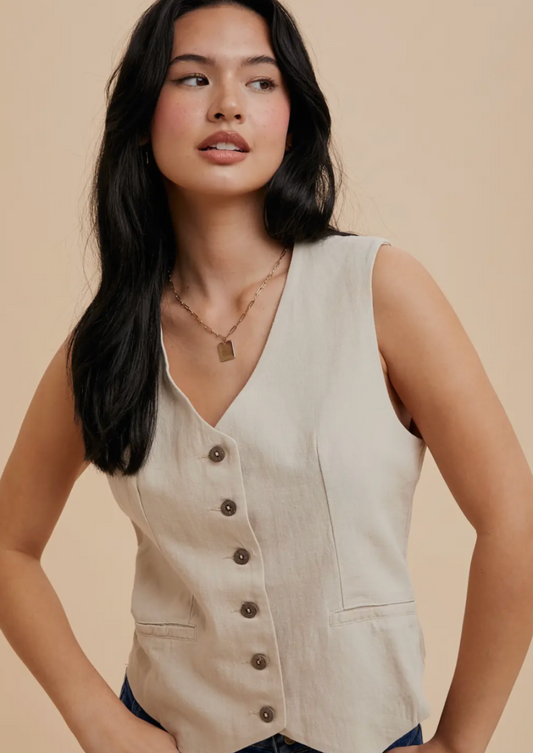 Cotton Linen Blend Button Vest