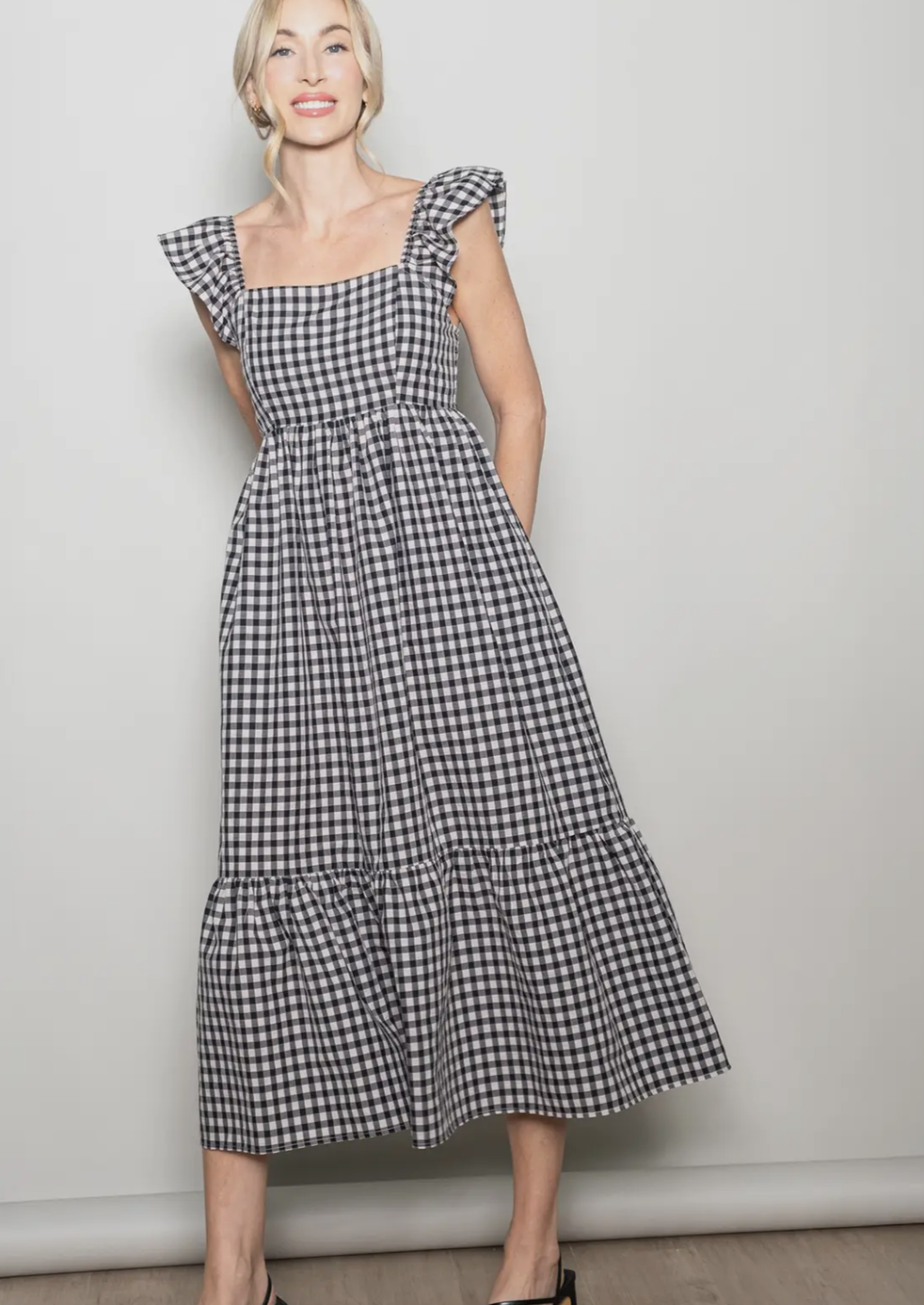 Ruffled Flutter Sleeve Cotton Gingham Dress