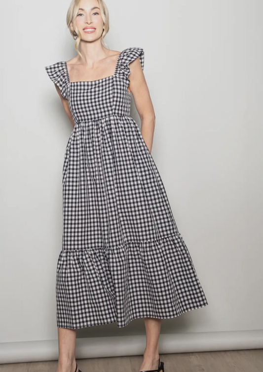 Ruffled Flutter Sleeve Cotton Gingham Dress