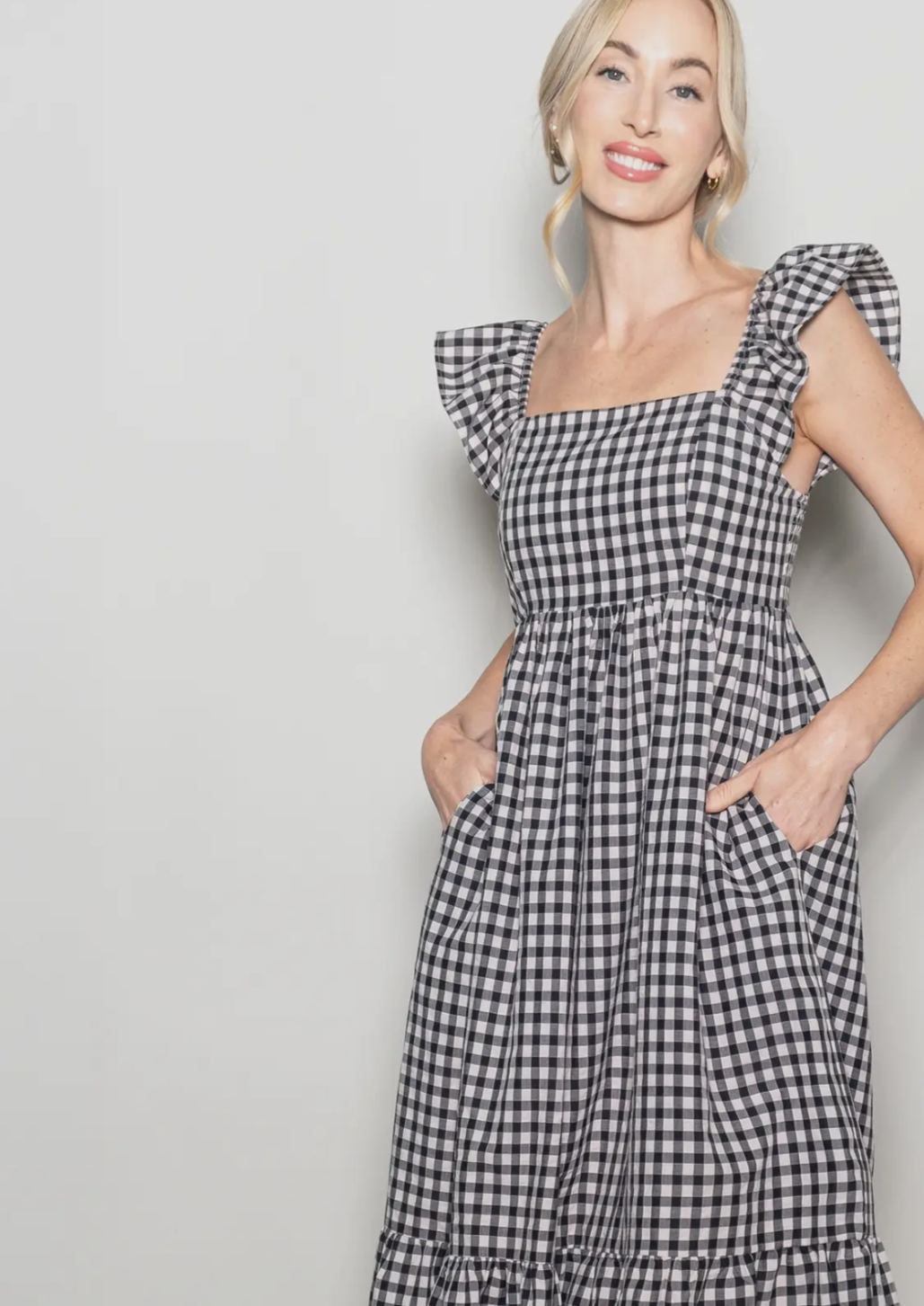 Ruffled Flutter Sleeve Cotton Gingham Dress
