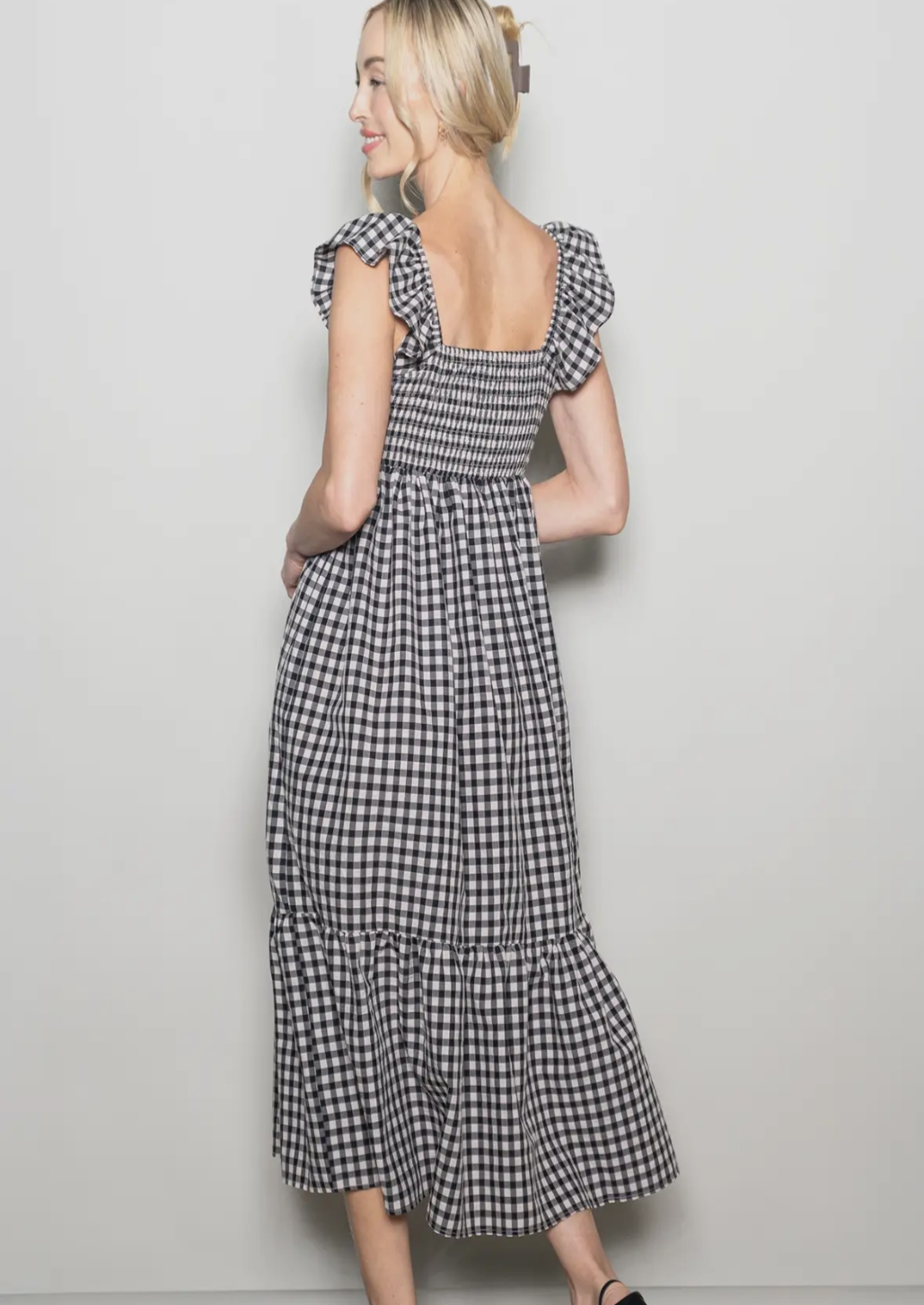 Ruffled Flutter Sleeve Cotton Gingham Dress