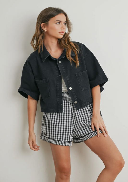 Button Front Cropped Denim Shirt