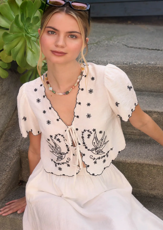 Bird Embroidery Tie Front Blouse