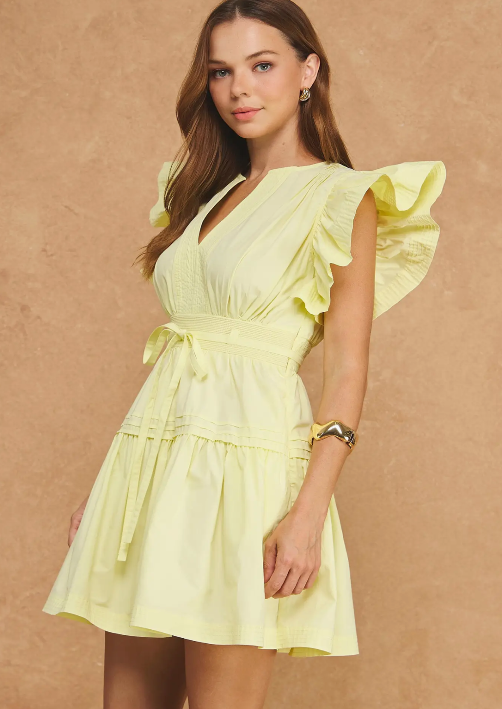 Yellow Flutter Sleeve Poplin Mini Dress