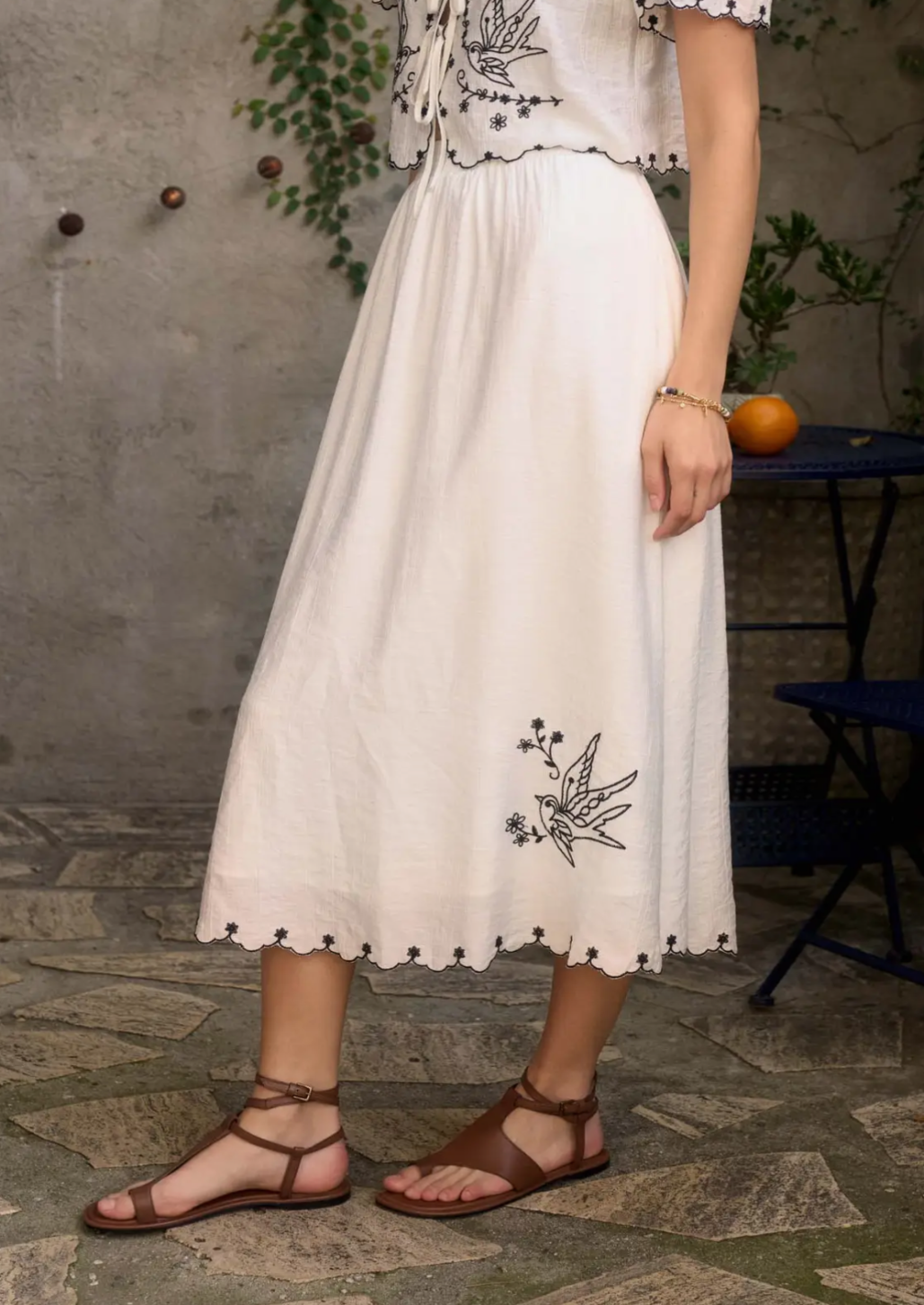 Bird Embroidery Detail Midi Skirt