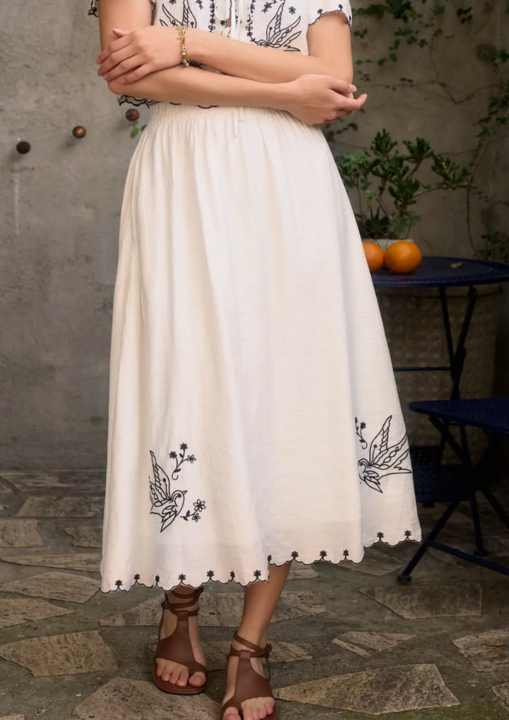 Bird Embroidery Detail Midi Skirt