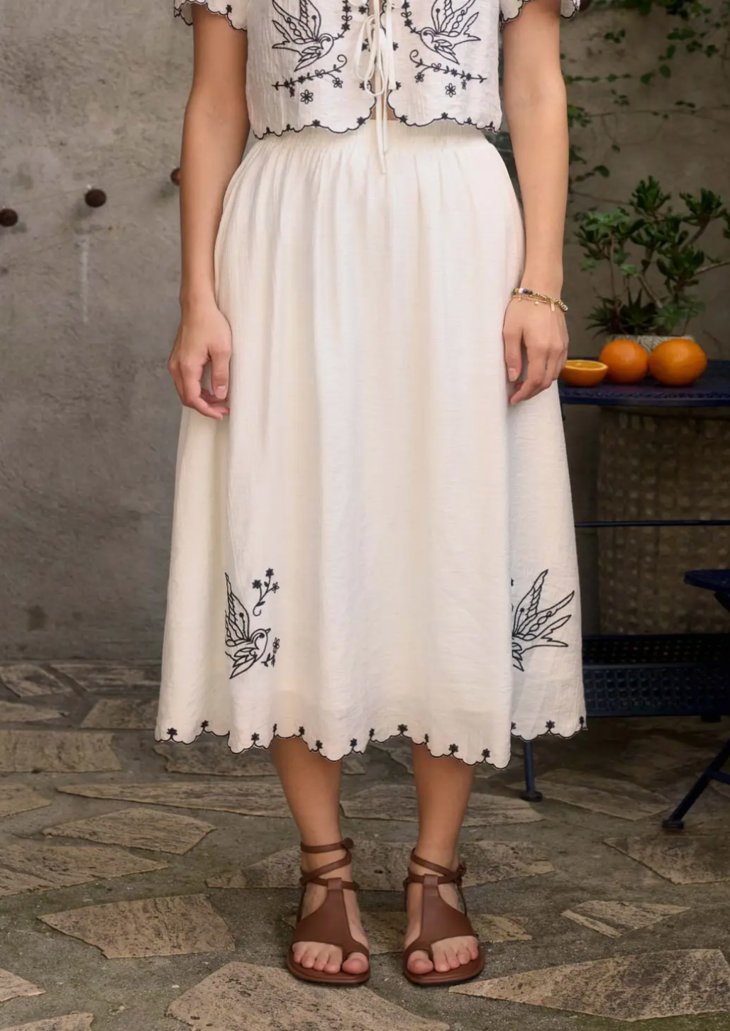 Bird Embroidery Detail Midi Skirt