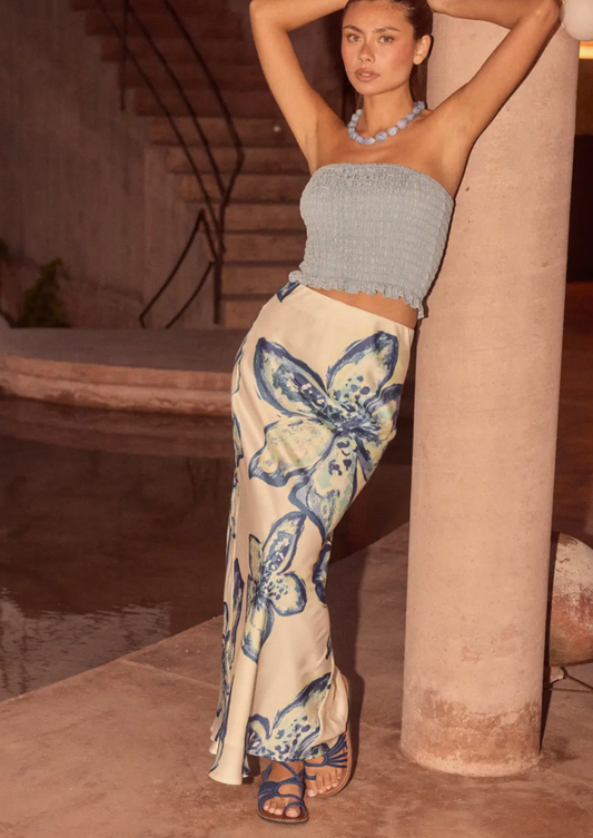 Floral Print Satin Bias Cut Skirt