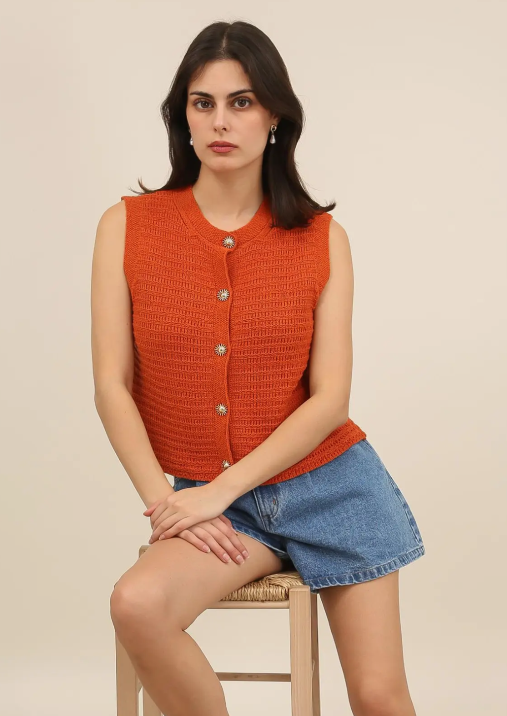Rust Knitted Cardigan With Gold Sun Buttons