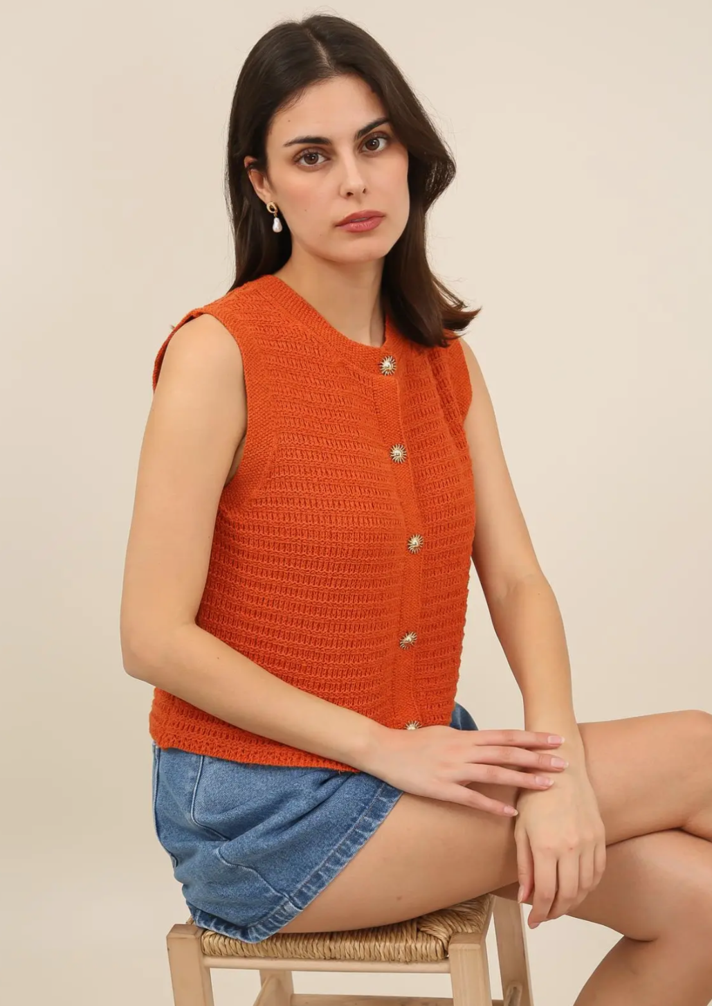 Rust Knitted Cardigan With Gold Sun Buttons