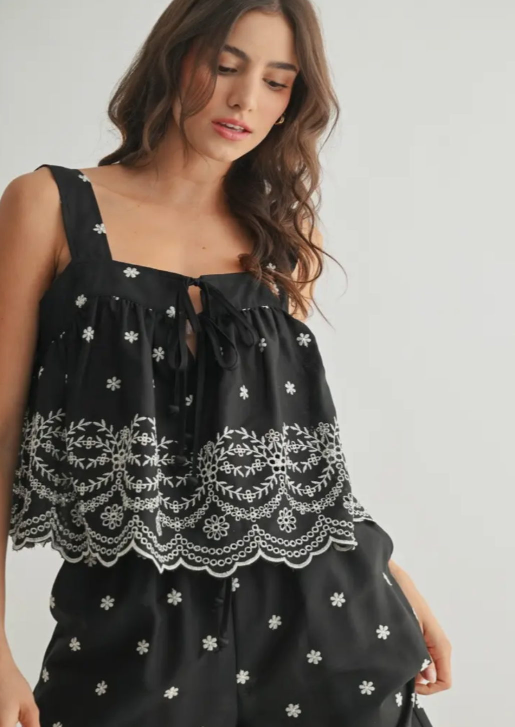 Embroidery Tie Front Top