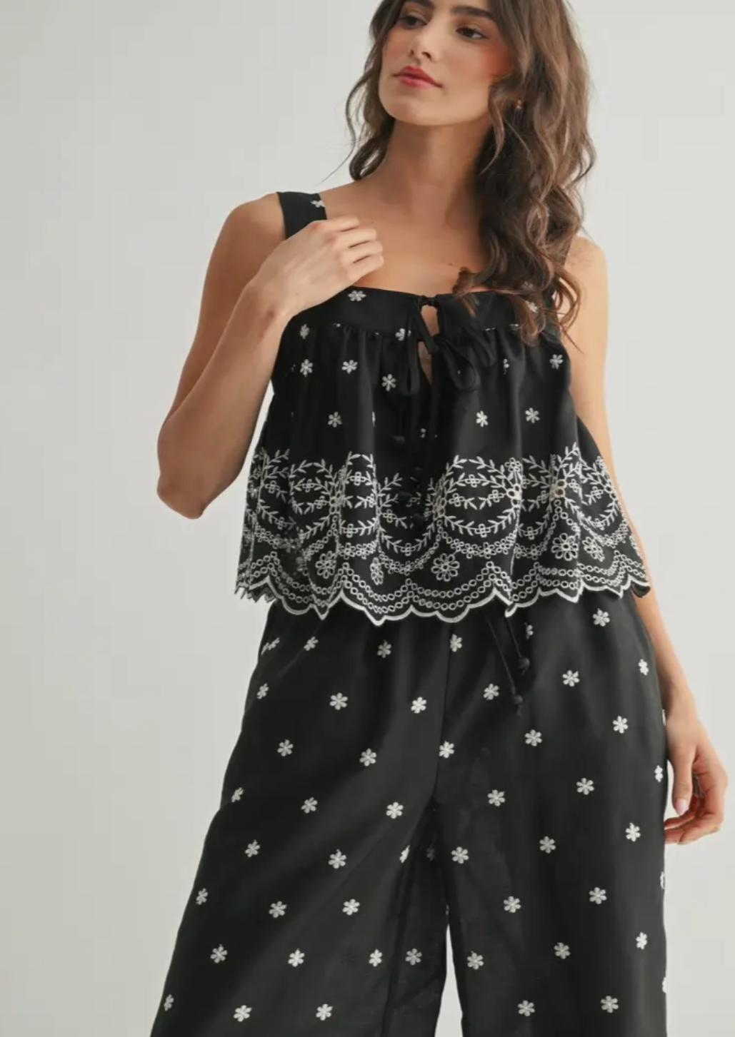 Embroidery Tie Front Top
