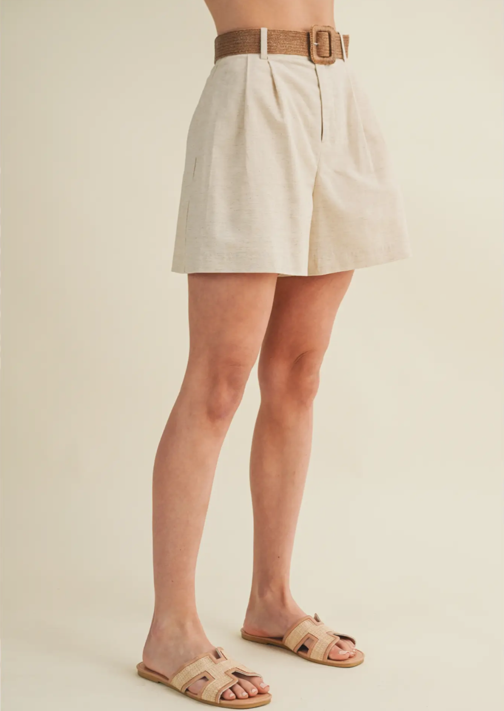 Woven Belt High Rise Pleated Shorts