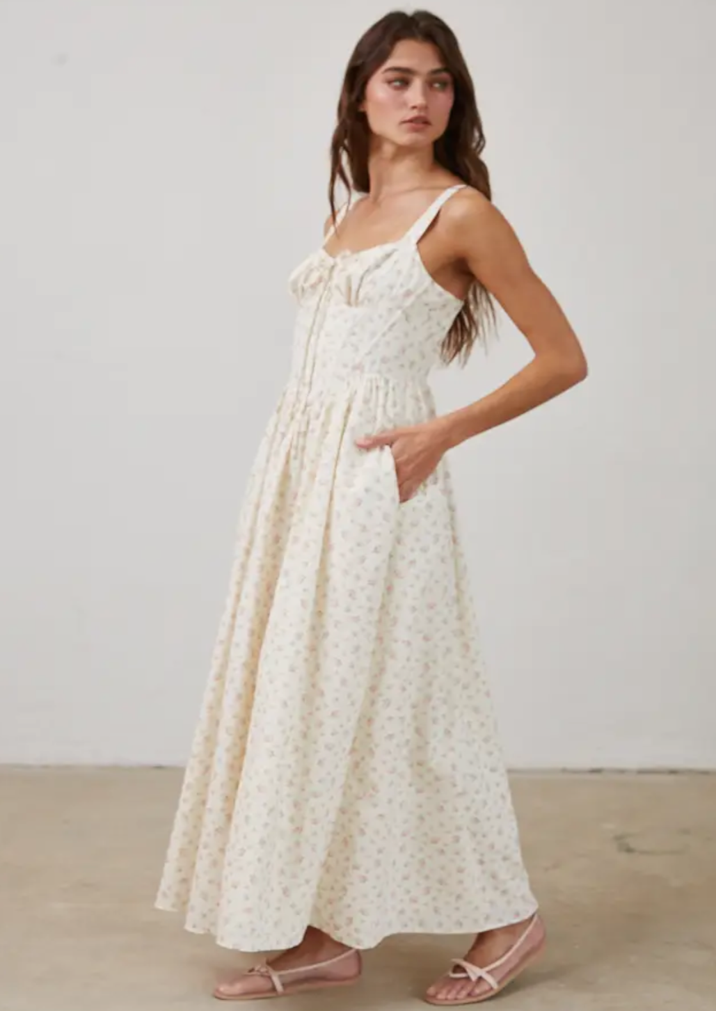 Floral Wired Front Ribbon Maxi Dress