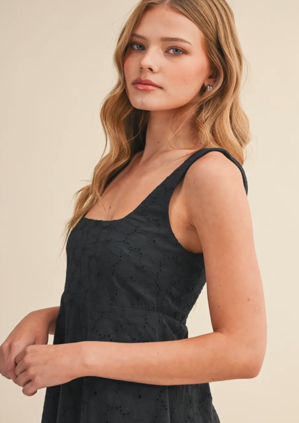 Eyelet Sleeveless Empire Flare Mini Dress