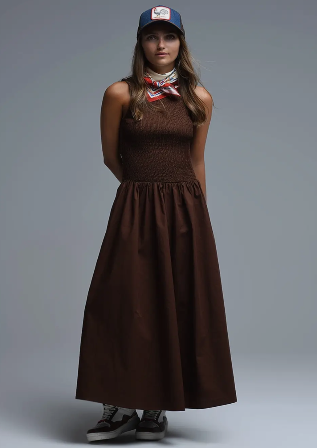 Chocolate Smocked Poplin Maxi Dress