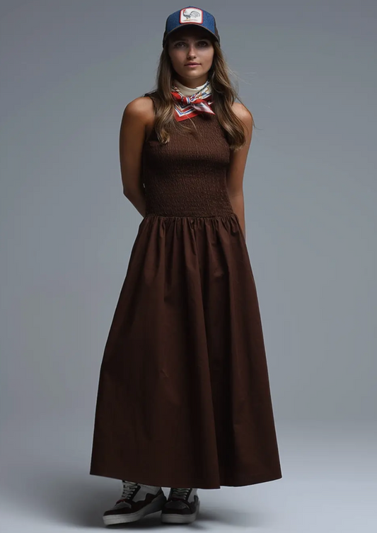 Chocolate Smocked Poplin Maxi Dress