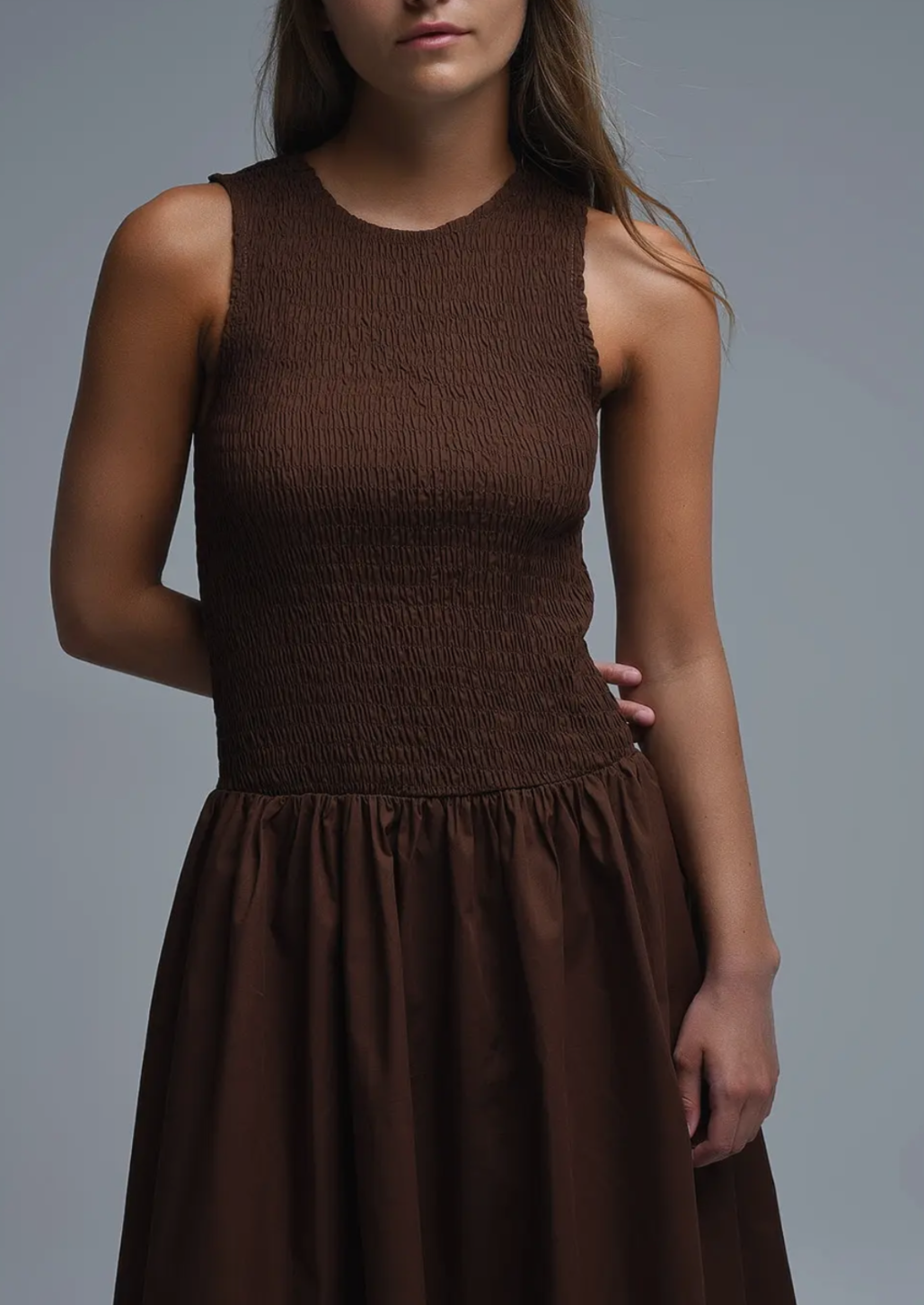 Chocolate Smocked Poplin Maxi Dress