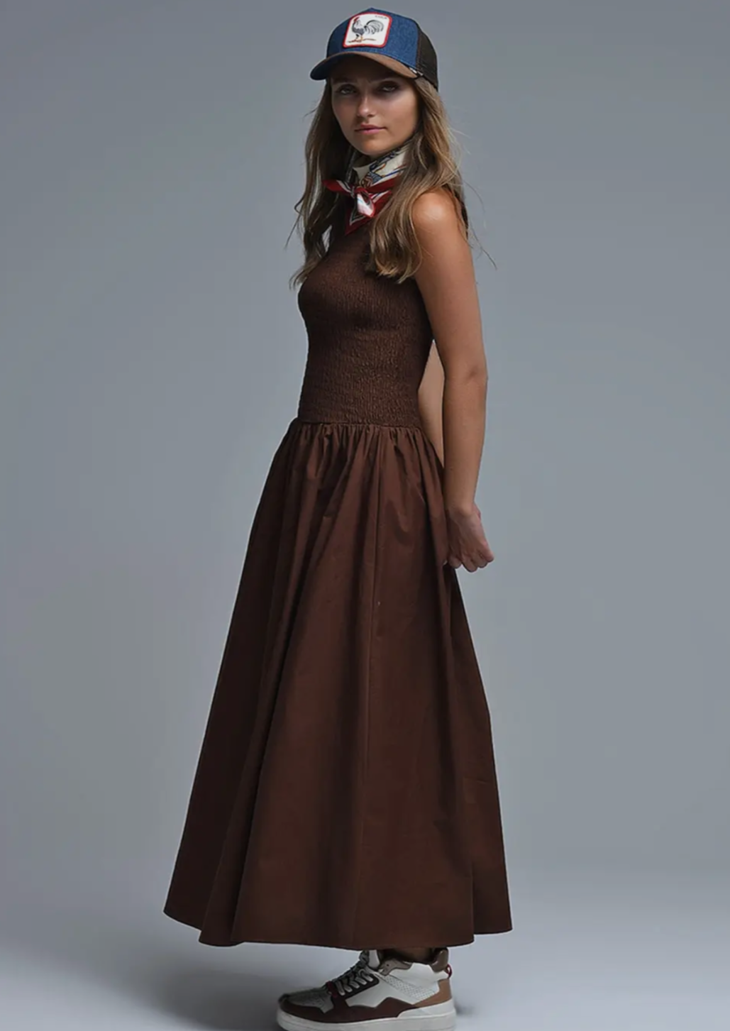 Chocolate Smocked Poplin Maxi Dress