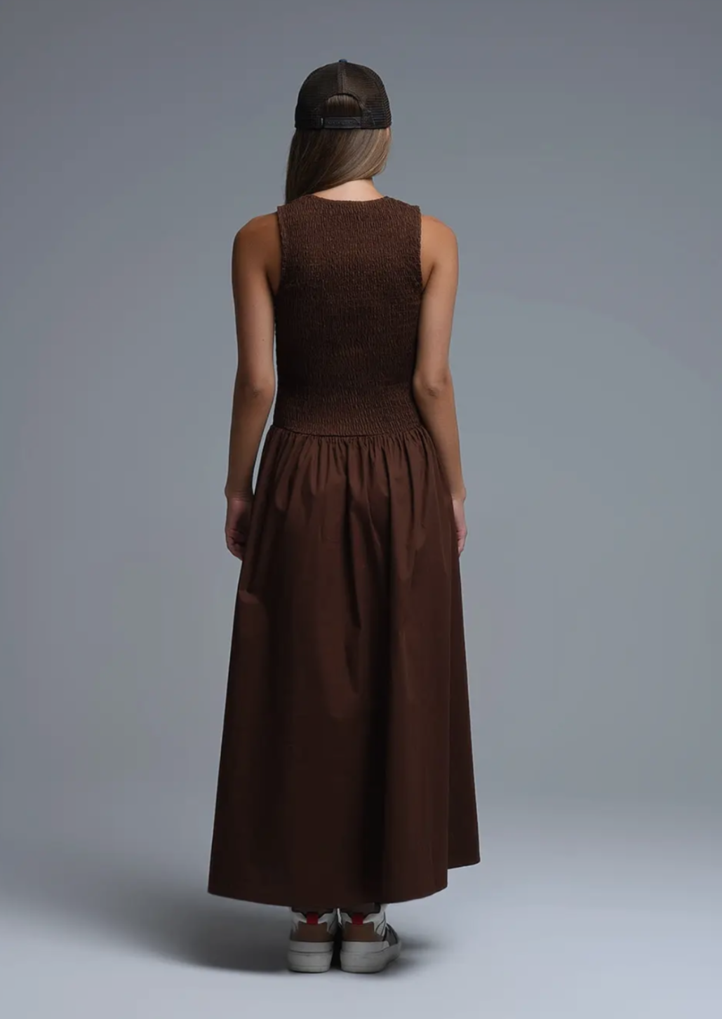 Chocolate Smocked Poplin Maxi Dress