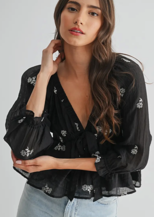 Embroidery Tie Waist Blouse