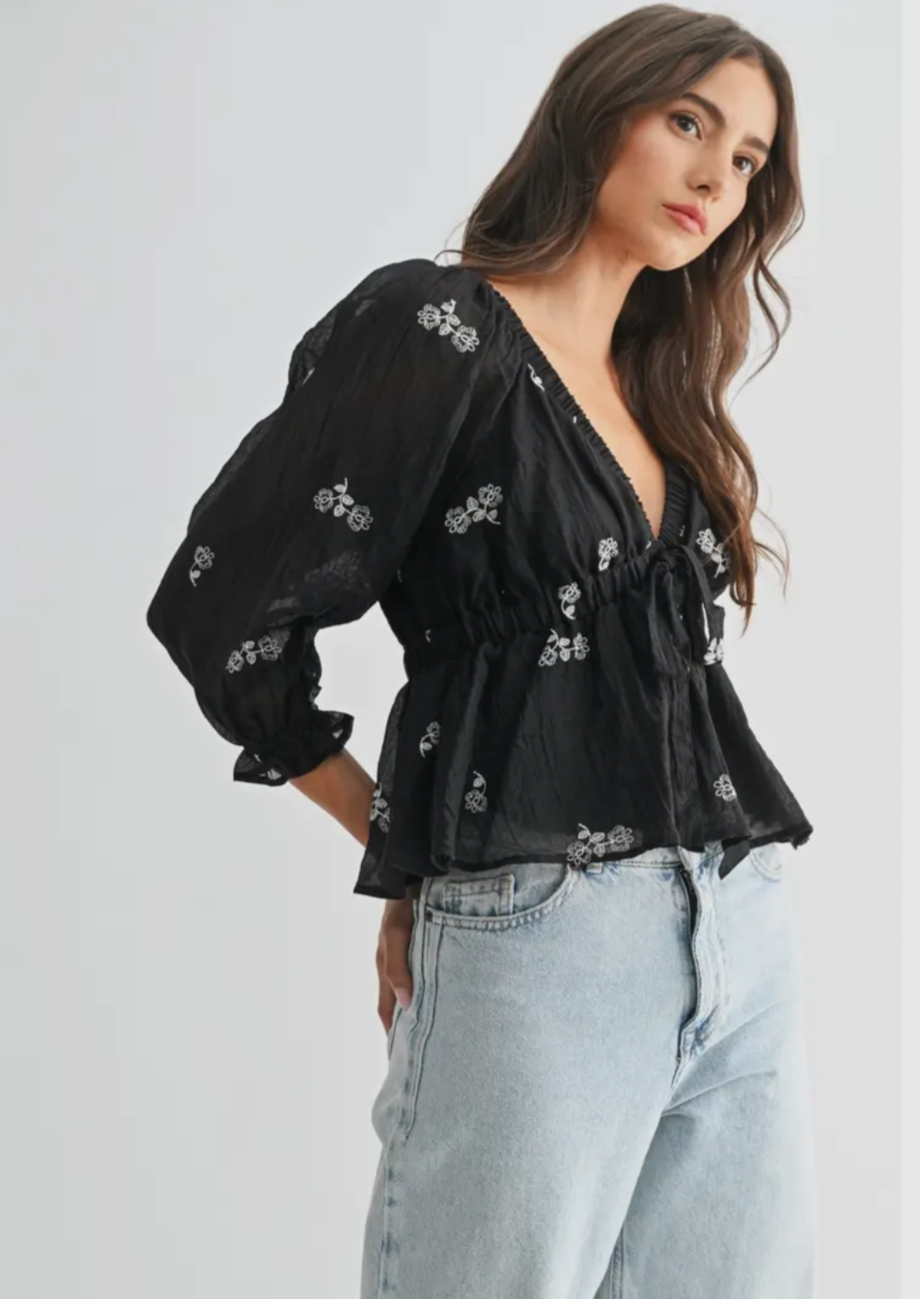 Embroidery Tie Waist Blouse