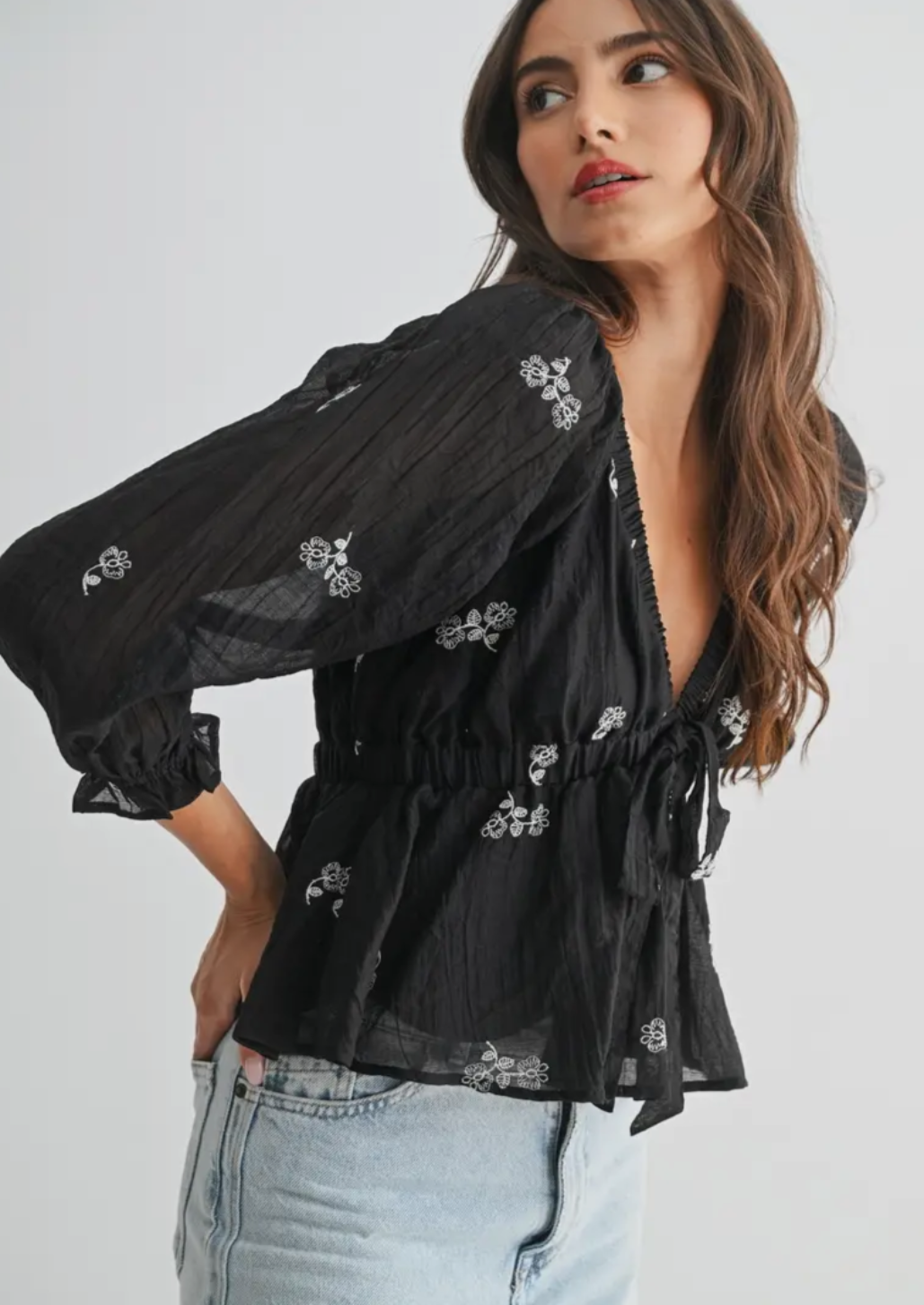 Embroidery Tie Waist Blouse