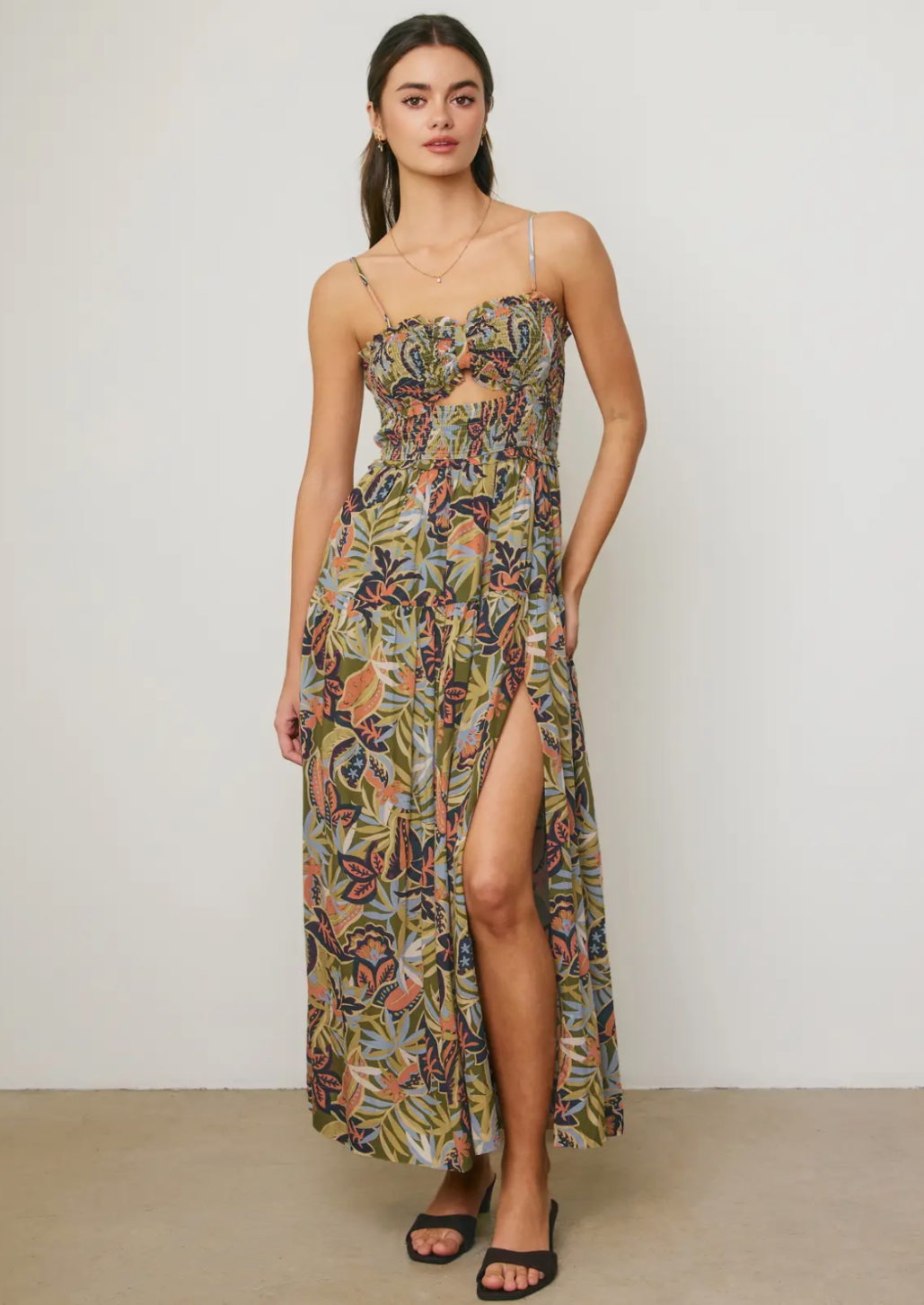Tropical Cutout Smocked Maxi Dress