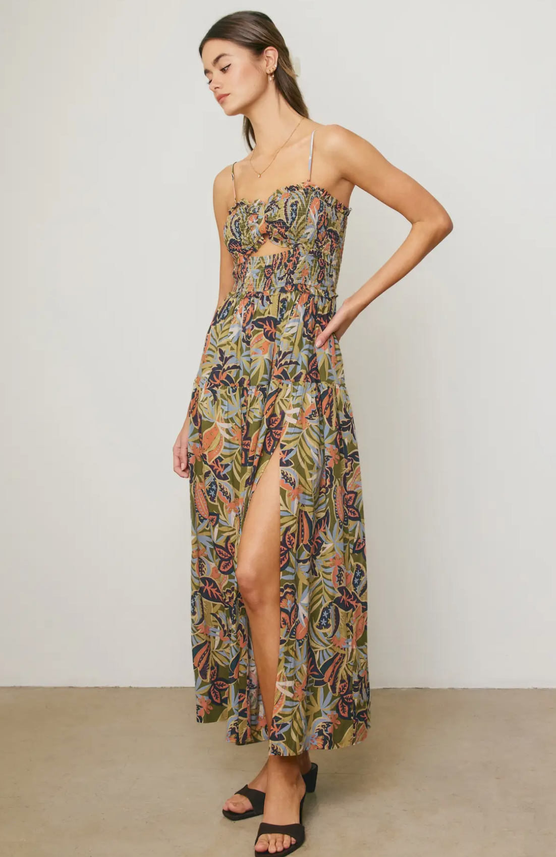 Tropical Cutout Smocked Maxi Dress