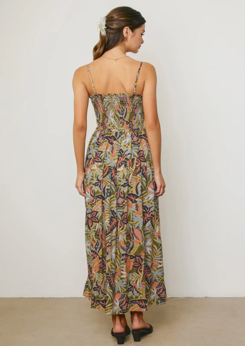 Tropical Cutout Smocked Maxi Dress