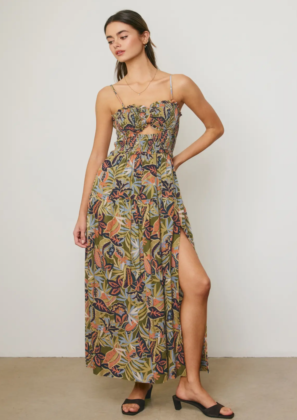 Tropical Cutout Smocked Maxi Dress