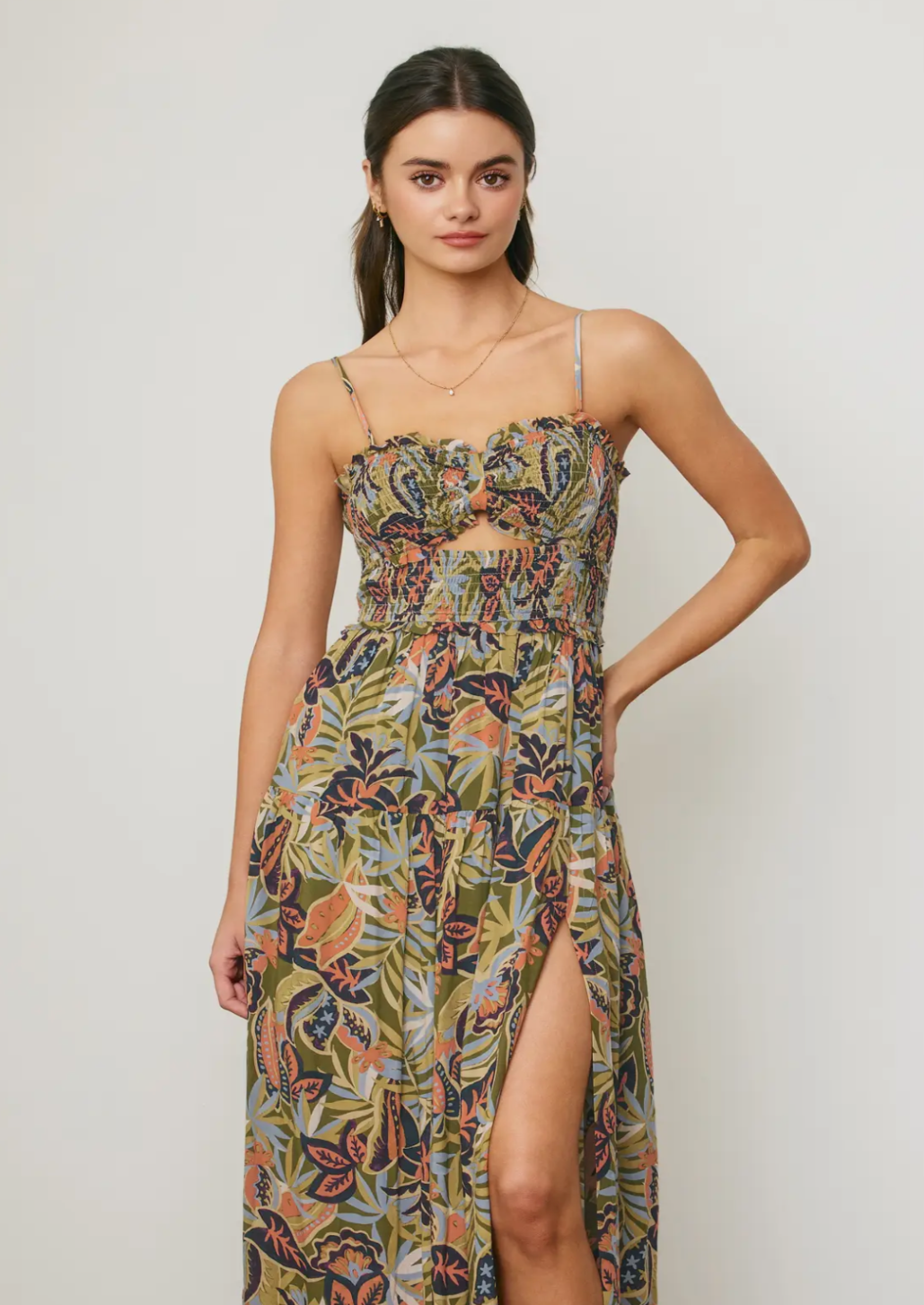 Tropical Cutout Smocked Maxi Dress