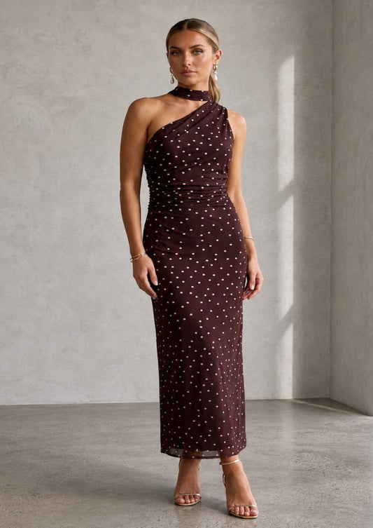 Brown Polka Dot One Shoulder Midi Dress