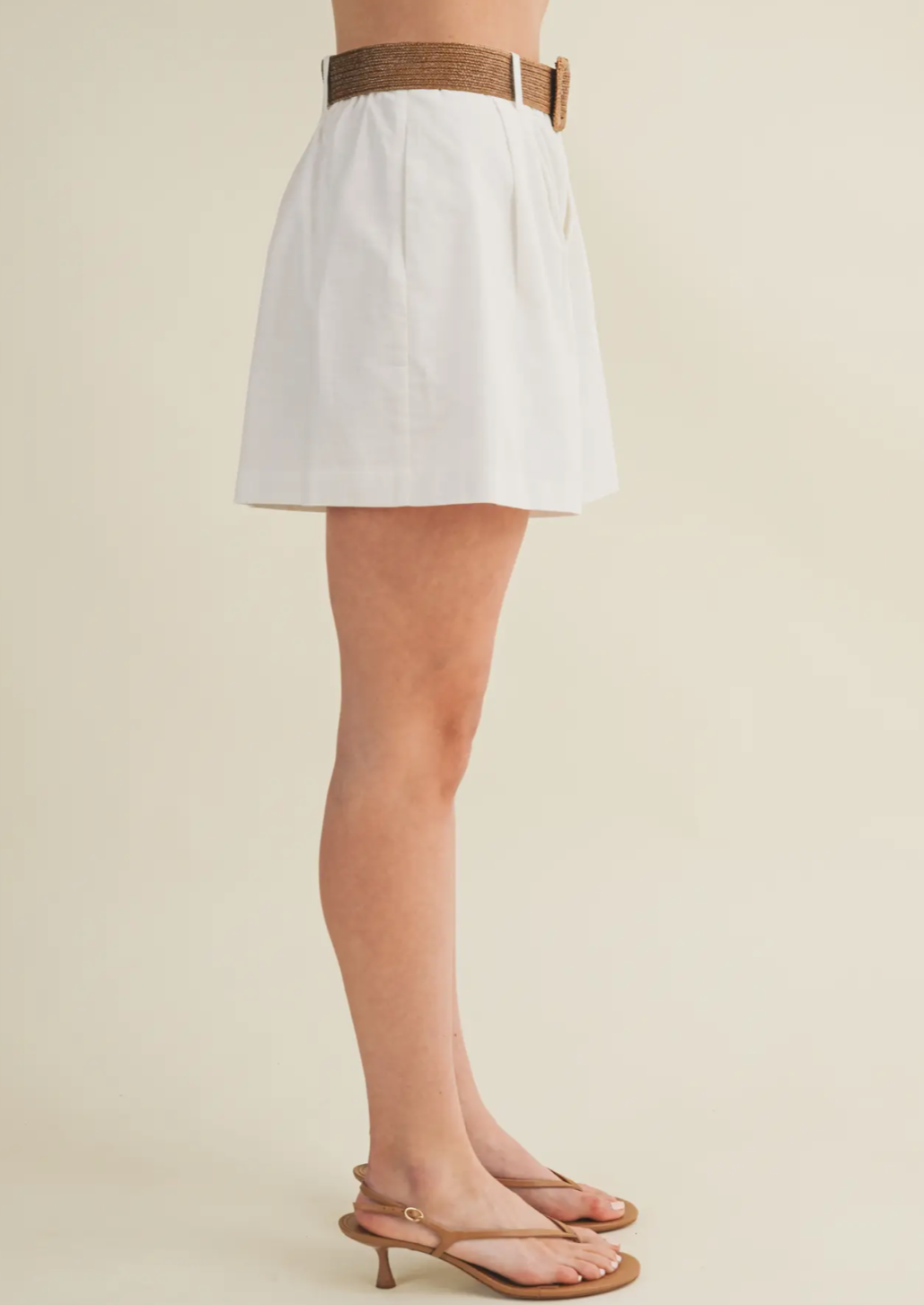 White Woven Belt High Rise Shorts