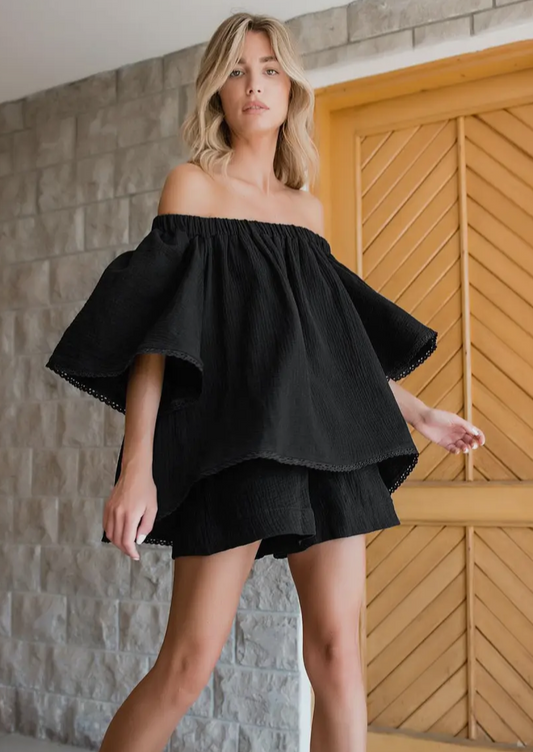 Off The Shoulder Flounce Top & Shorts Set