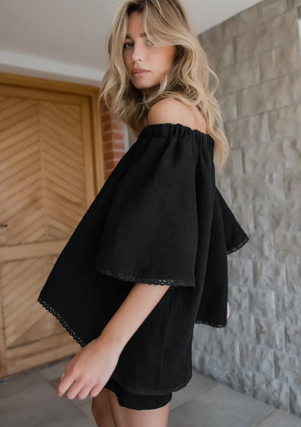 Off The Shoulder Flounce Top & Shorts Set