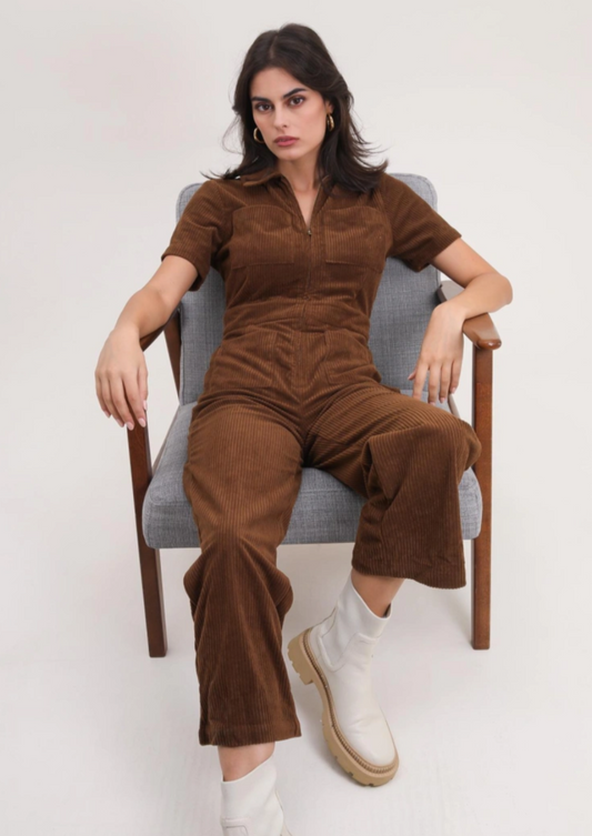 Short Sleeve Corduroy Zipped Jumpsuit