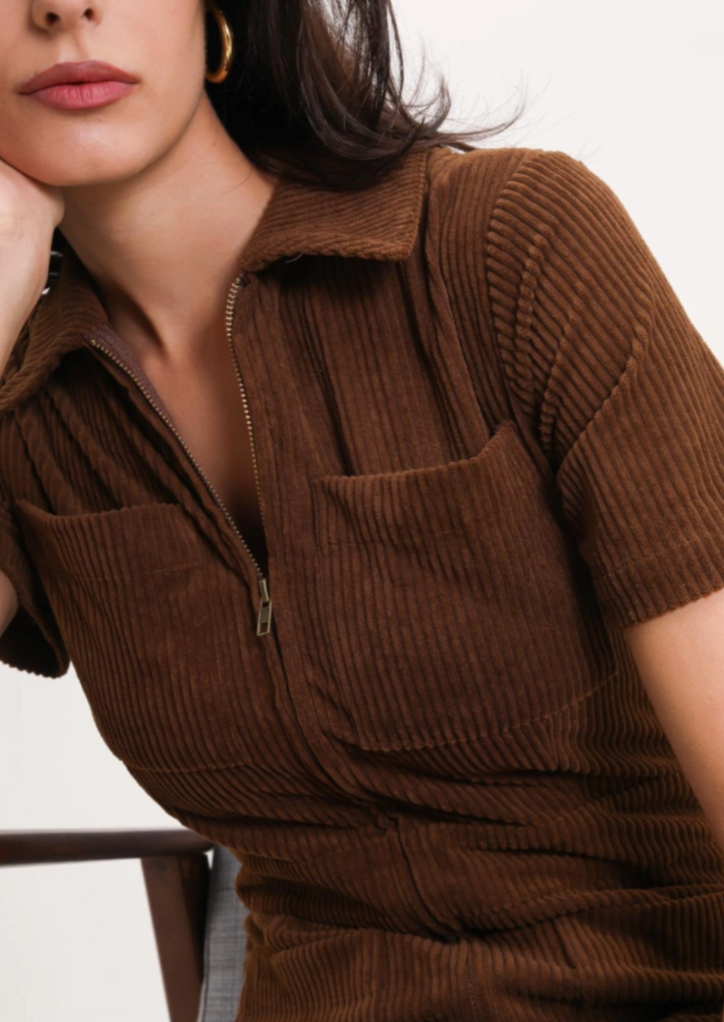 Short Sleeve Corduroy Zipped Jumpsuit
